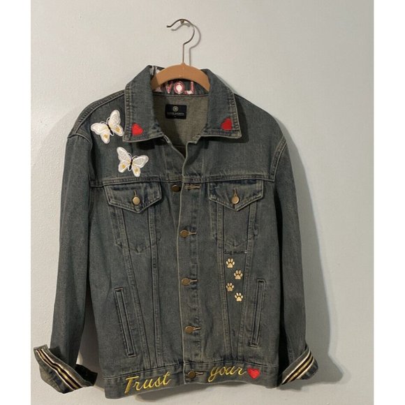 Jean Jacket Womens Small Blue Denim Medium Wash Button Front Custom Patches - Picture 3 of 10